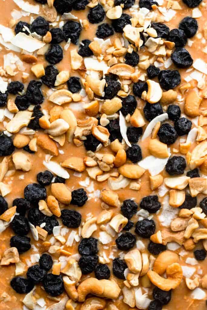 close up top view of Sweet Potato Blueberry Coconut Cashew Bark