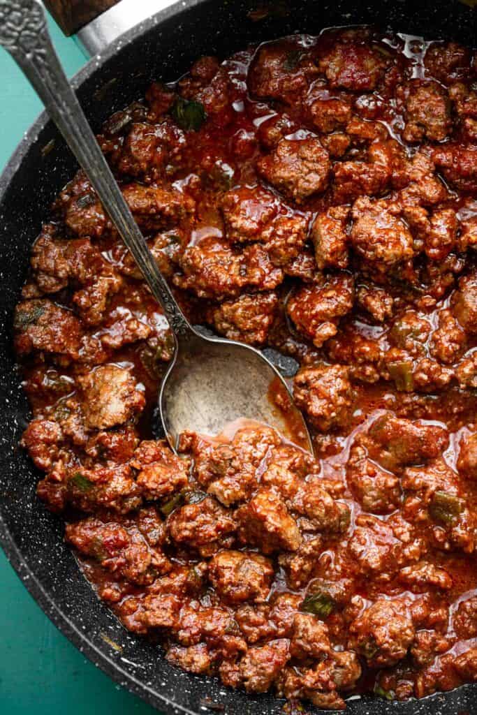 Whole30 Sloppy Joes being cooked in a fry pan