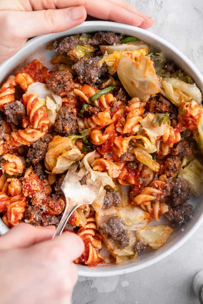 one bowl of Beef and Cabbage Pasta Bowls