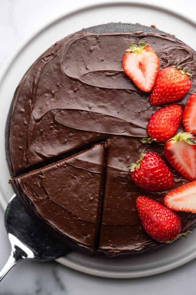Instant Pot Chocolate Cake with strawberries on top