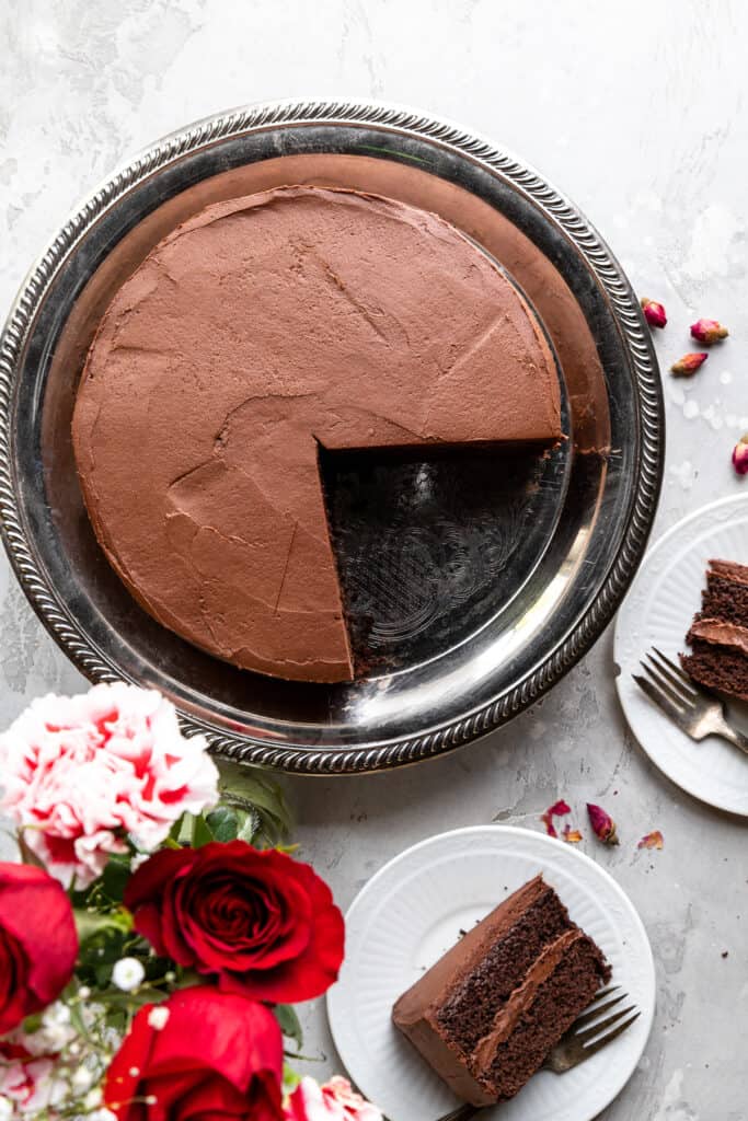 top view of Keto Chocolate Cake with a slice missing