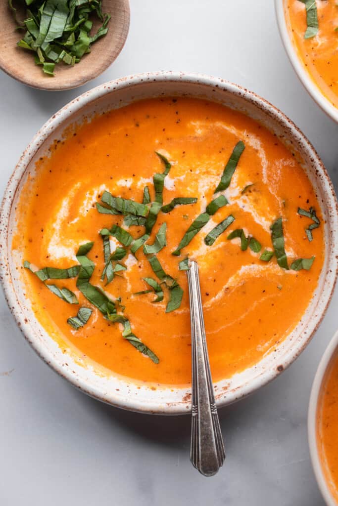 one bowl of Instant Pot Tomato Soup with a spoon