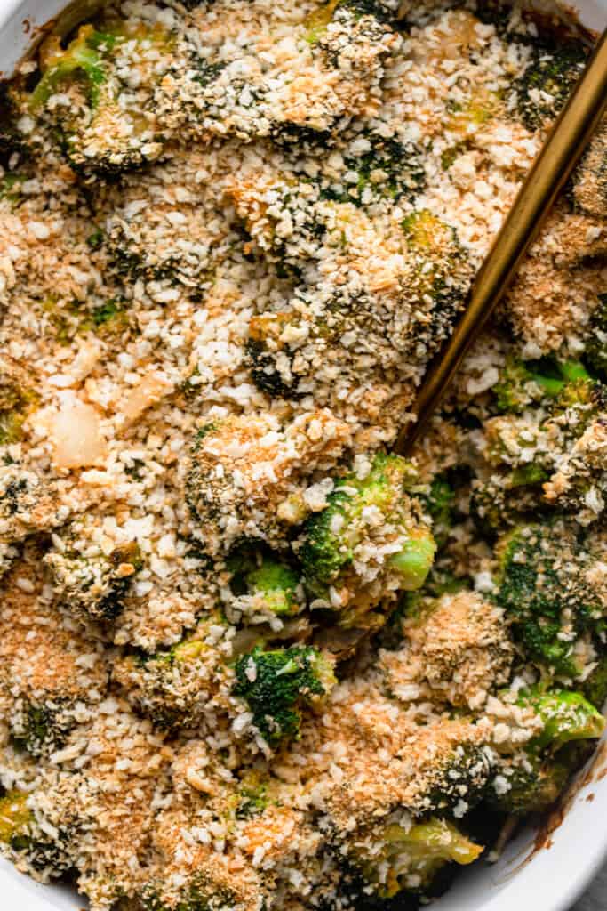 a cooking dish full of Healthy Broccoli Casserole