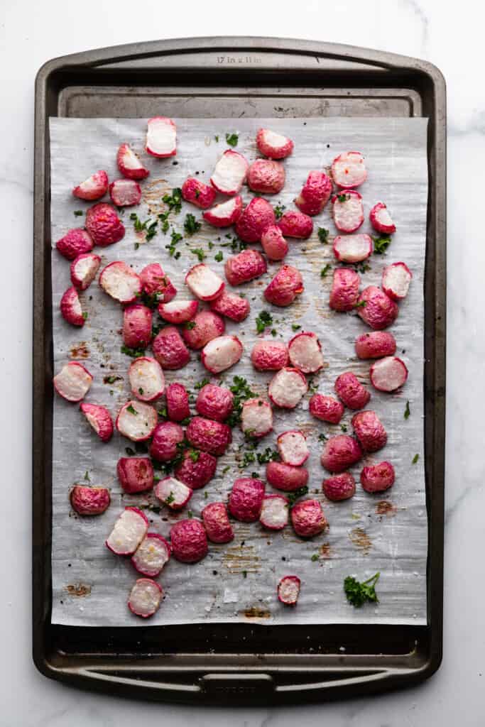Roasted Radishes being prepared for baking