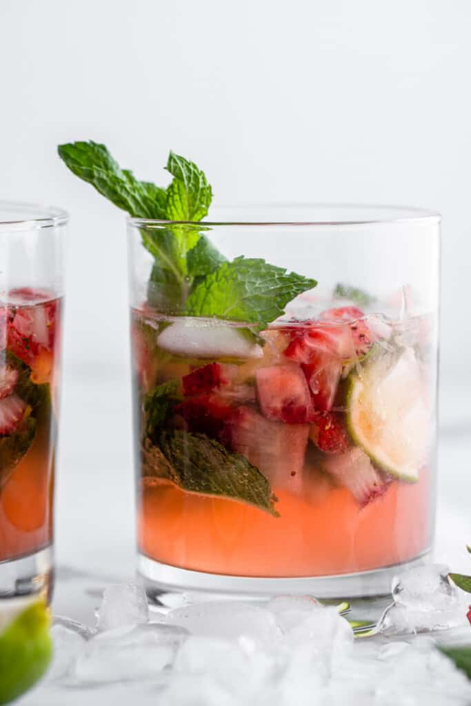 Strawberry Mojito in a glass with mint leaves inside
