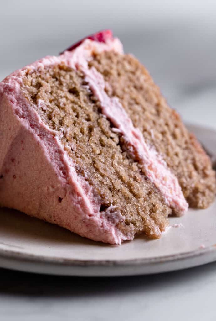 a close up of a slice of Vegan Strawberry Cake