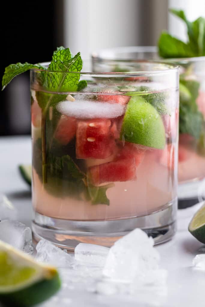 one short glass of Watermelon Mojito with mint