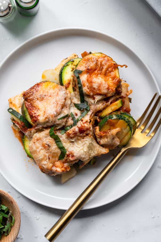 top view of one slice of Chicken Zucchini Casserole on a plate