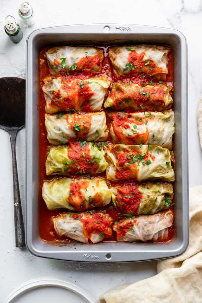 a large baking dish full of Keto Cabbage Rolls