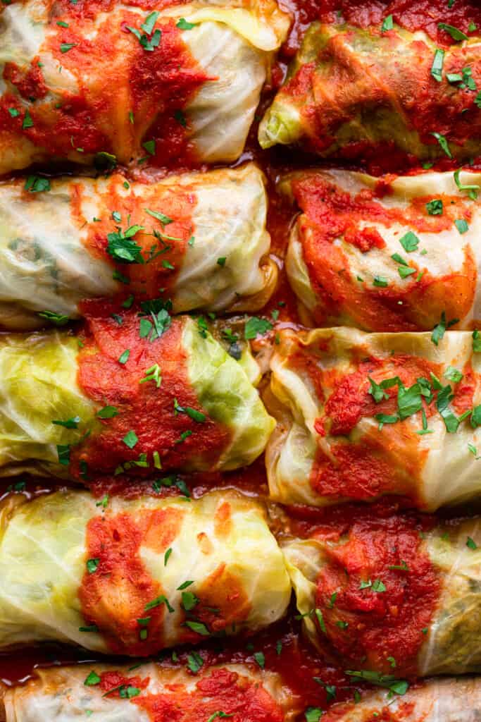 close view of Keto Cabbage Rolls in a baking dish