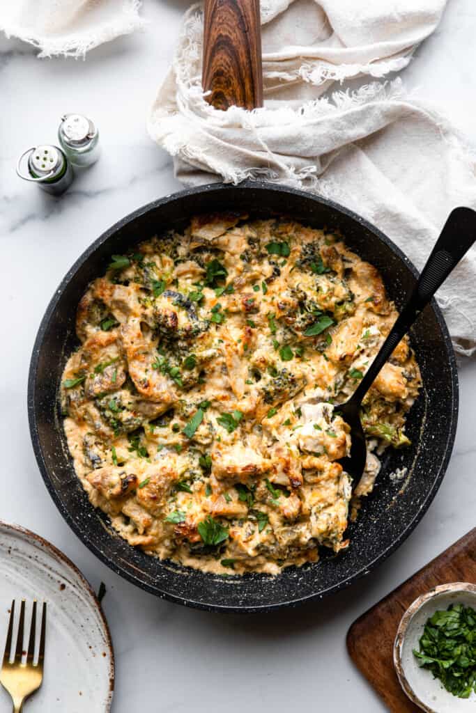 Keto Chicken Casserole in a skillet on a table 