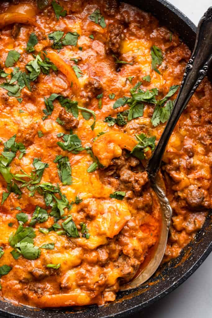 close view of Keto Ground Beef Casserole in a pan