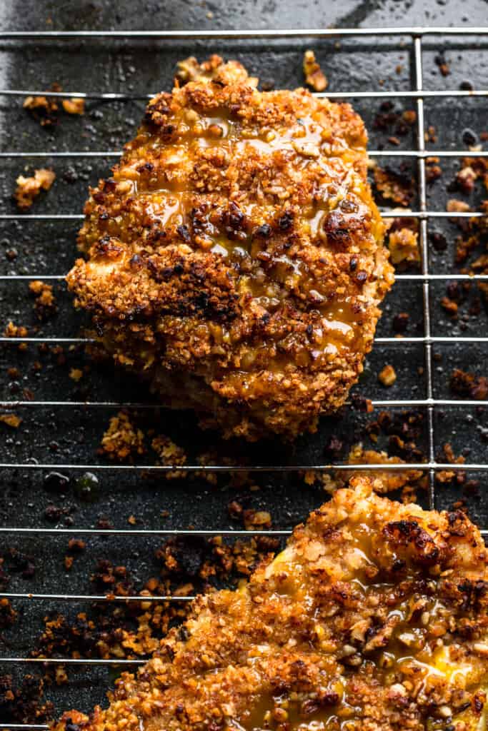 Pecan Crusted Chicken on a baking sheet
