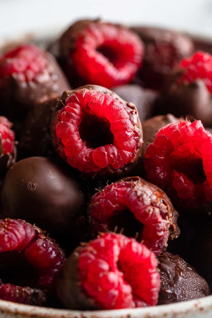 close up view of Chocolate Covered Raspberries