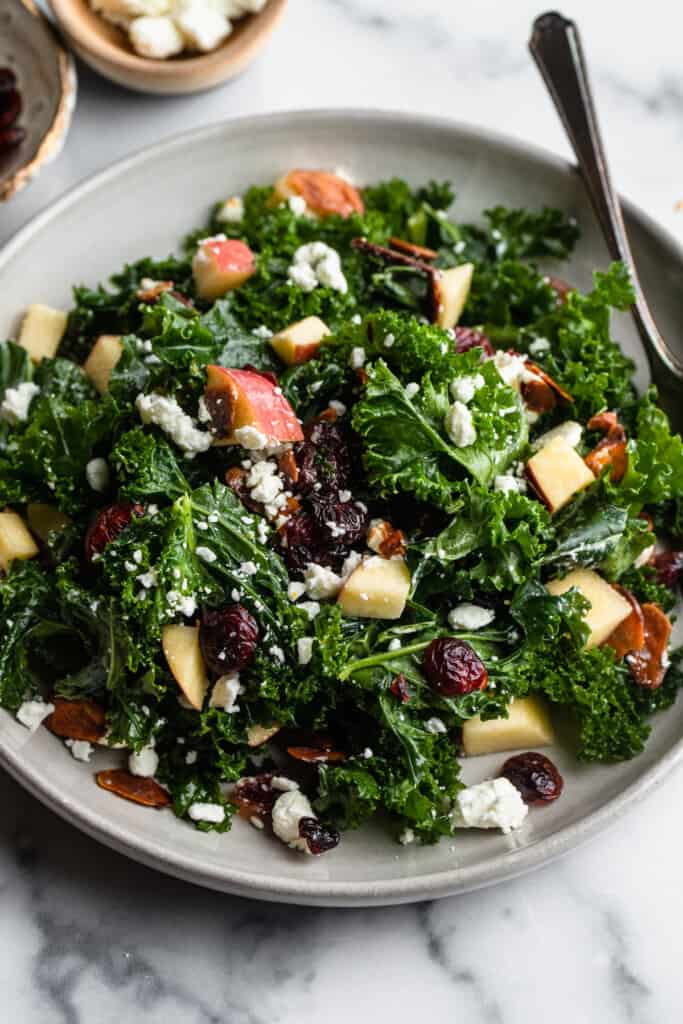 a large plate of Kale Salad with Cranberries