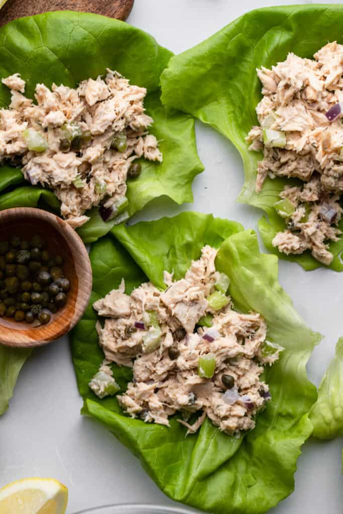 Keto Tuna Salad on lettuce leaves