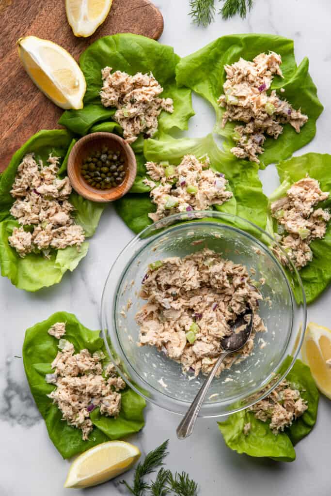 Keto Tuna Salad in a bowl with lettuce around it