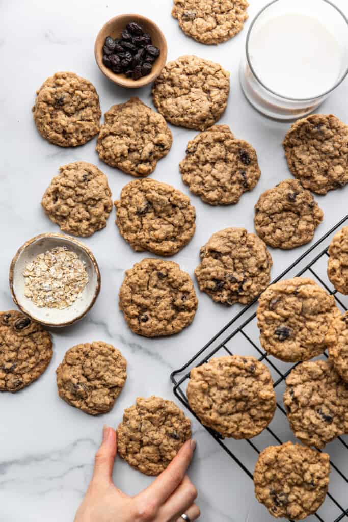 a bunch of Vegan Oatmeal Raisin Cookies on a cookie rack