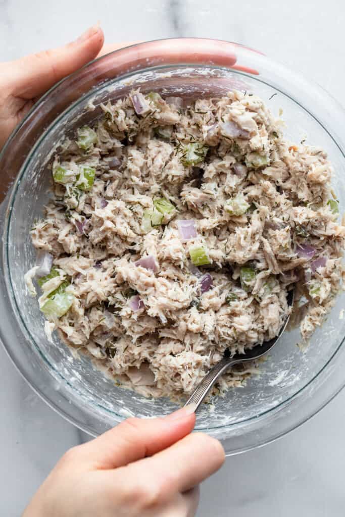 Healthy Tuna Salad being made in a large bowl