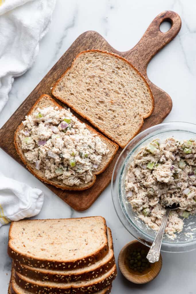 Healthy Tuna Salad spread on 2 pieces of bread