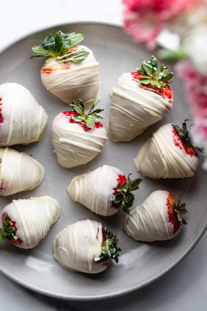 White Chocolate Covered Strawberries on a serving plate