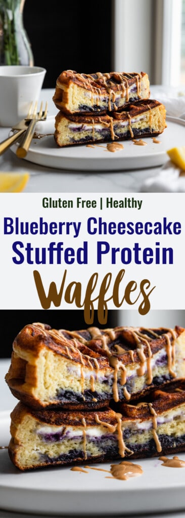 Blueberry Cheesecake Stuffed Protein Waffles collage photo
