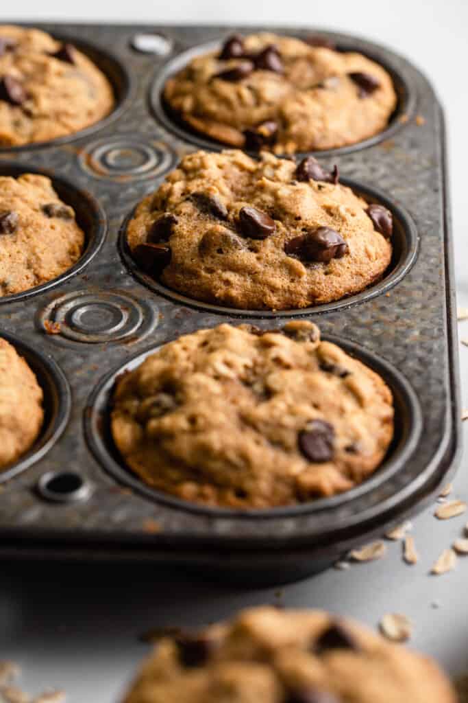 Oatmeal Chocolate Chip Muffins in a muffin pan