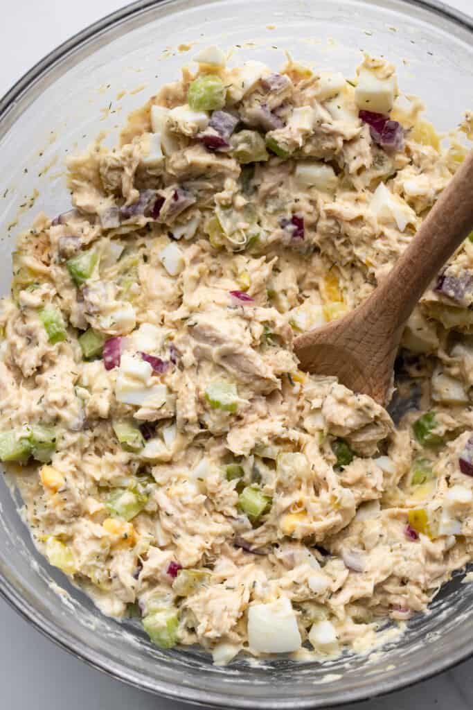 Tuna Salad Recipe with Egg in a large mixing bowl