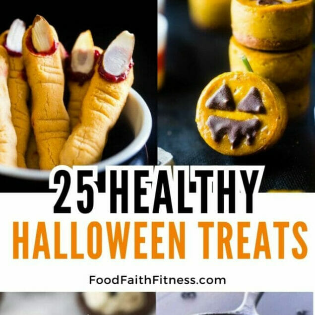 image says 25 healthy halloween treats, witch finger cookies and jack o lantern mini cheesecakes