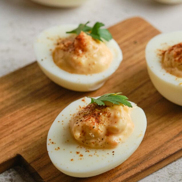 4 deviled eggs recipe picture shot from the side