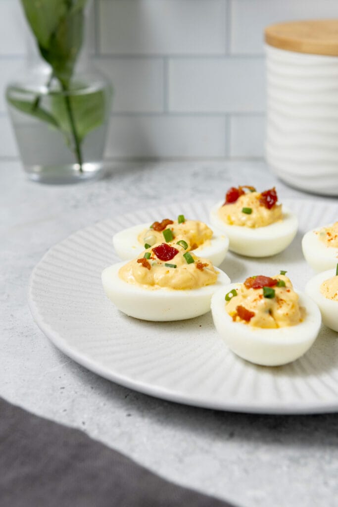 Bacon Deviled Eggs Recipe featured image side view shot
