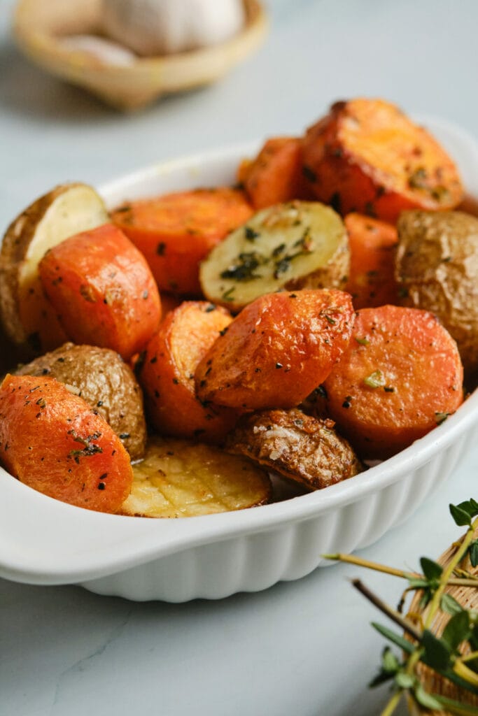 Roasted Potatoes and Carrots Recipe focused shot