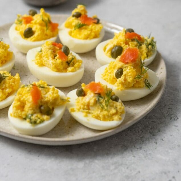 Smoked Salmon Deviled Eggs side view shot