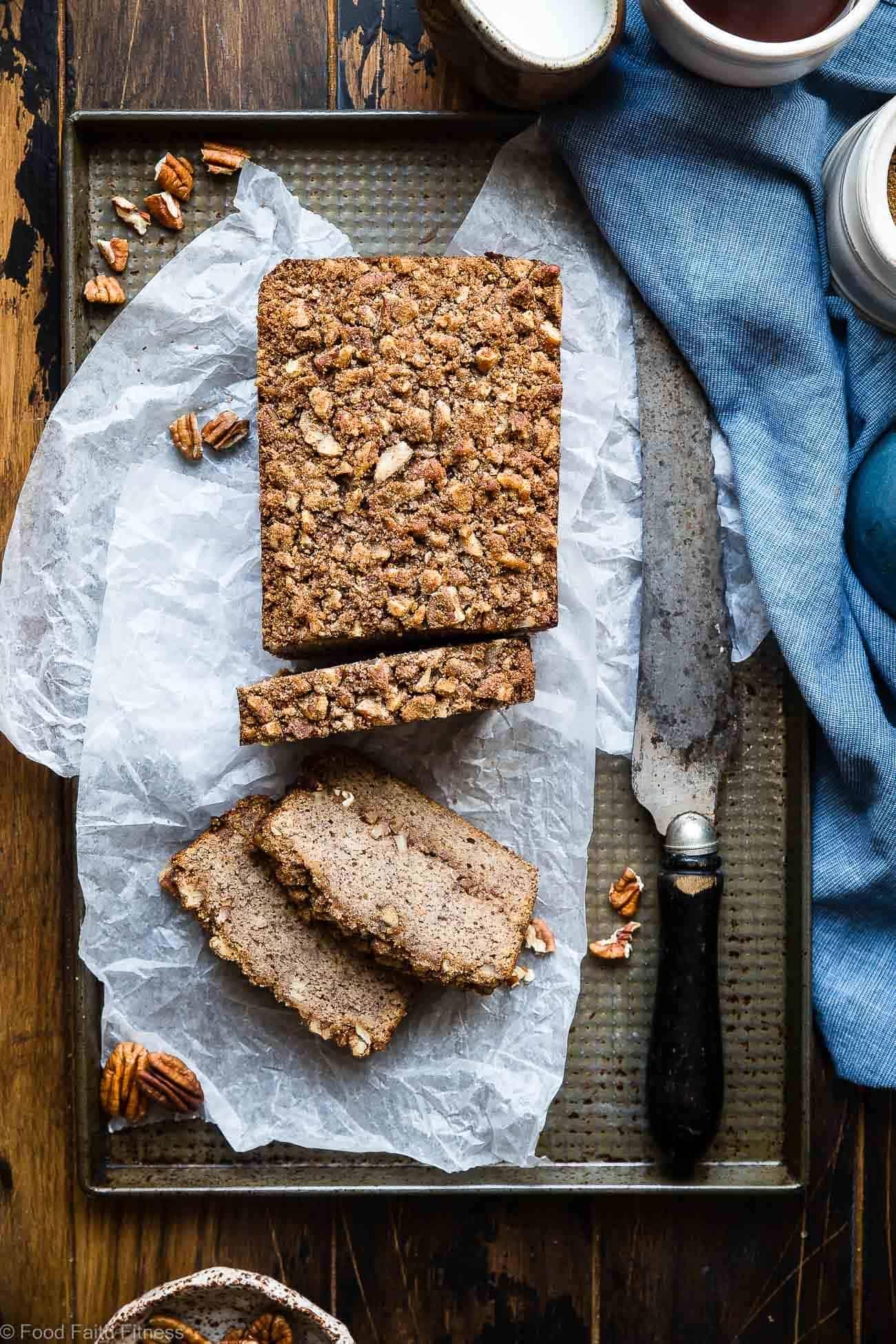 The Best Paleo Banana Bread with Pecan Streusel - This easy Paleo Coconut Flour Bread recipe is gluten/grain/dairy/refined sugar free but perfectly moist and sweet! The pecan topping MAKES it so addicting and you'll never know it's healthy! | Foodfaithfitness.com | @FoodFaithFit